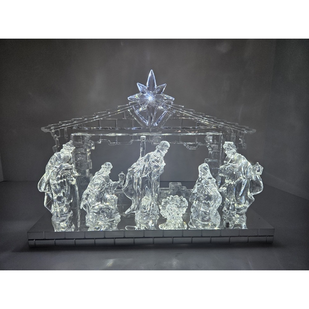 Light Up Musical Christmas Nativity Scene Mirror Base Clear Acrylic LED